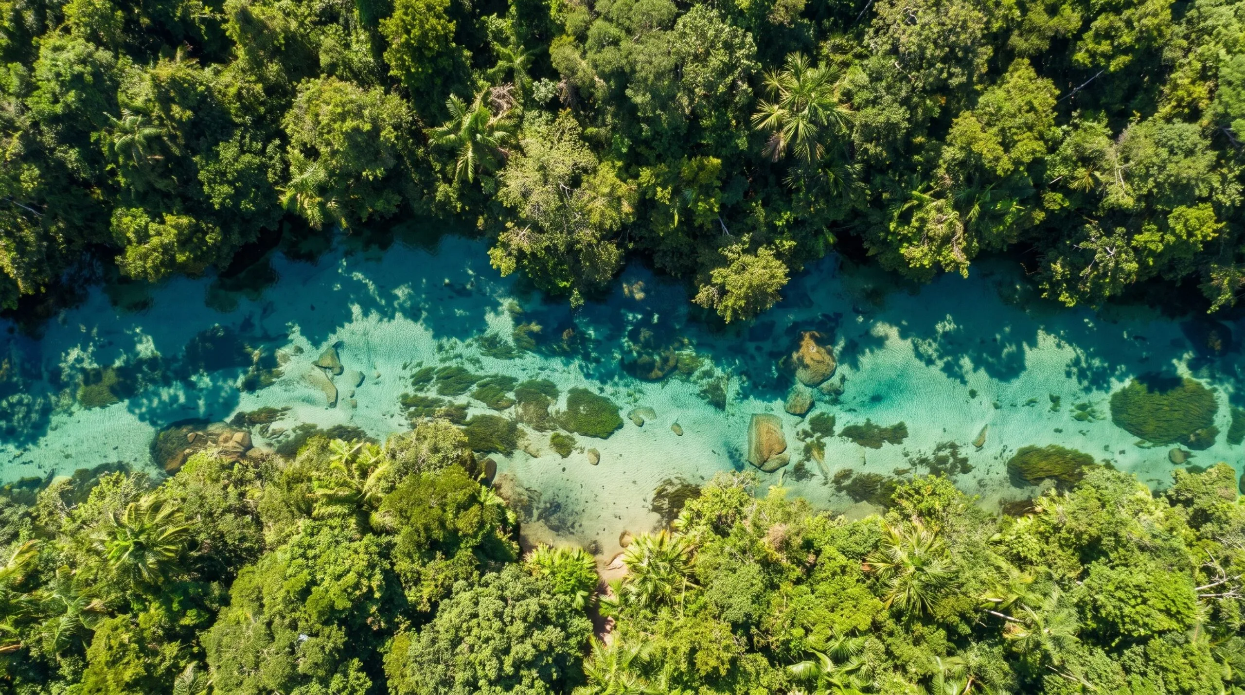 Foto aerea vertical de um rio transparente com o fundo de areia visivel