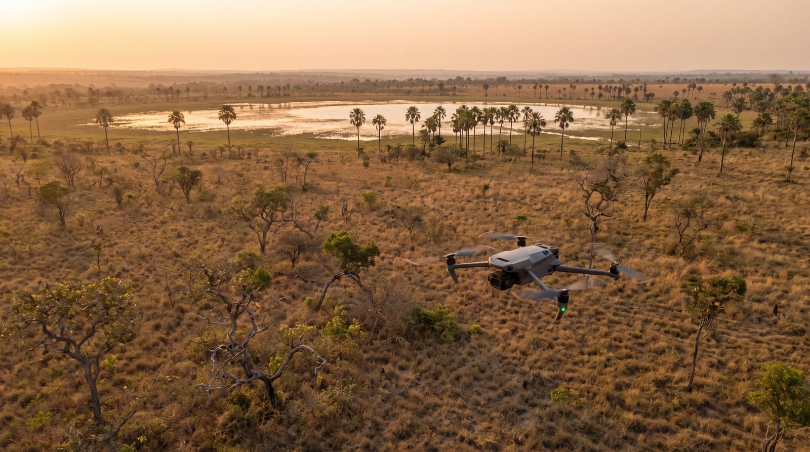 Drone DJI-style voando sobre o cerrado com uma lagoa e buritis ao fundo