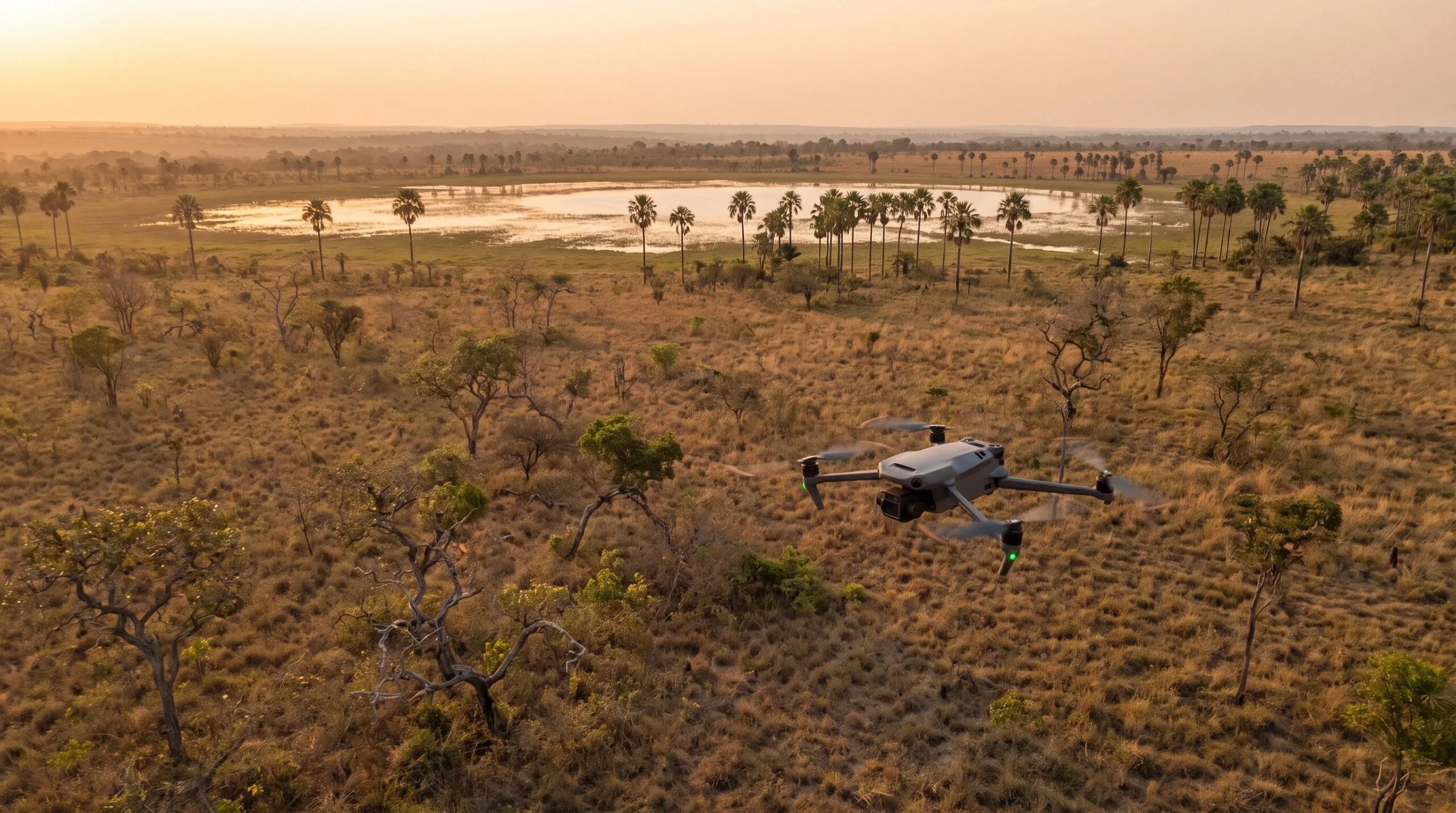 Drone DJI-style voando sobre o cerrado com uma lagoa e buritis ao fundo