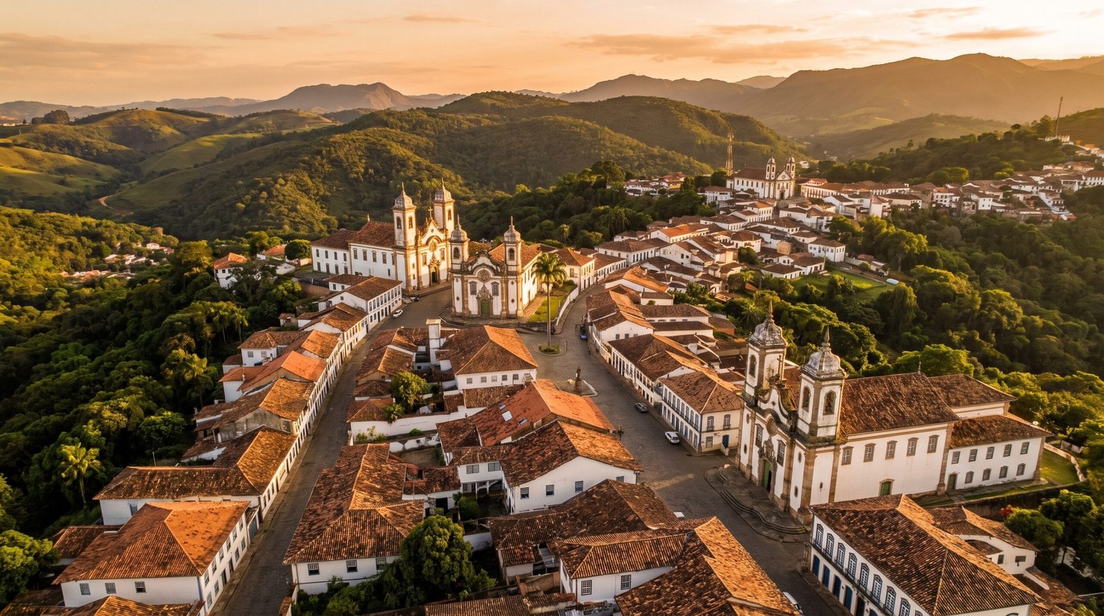 Foto aerea dos telhados coloniais e igrejas de Ouro Preto ao entardecer