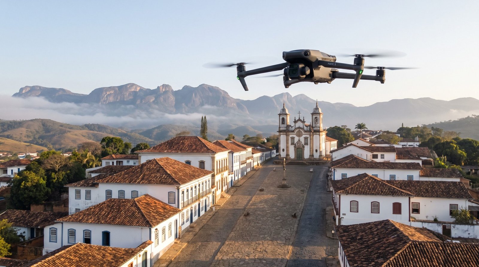 Drone DJI-style voando sobre Tiradentes de manha cedo com as ruas vazias