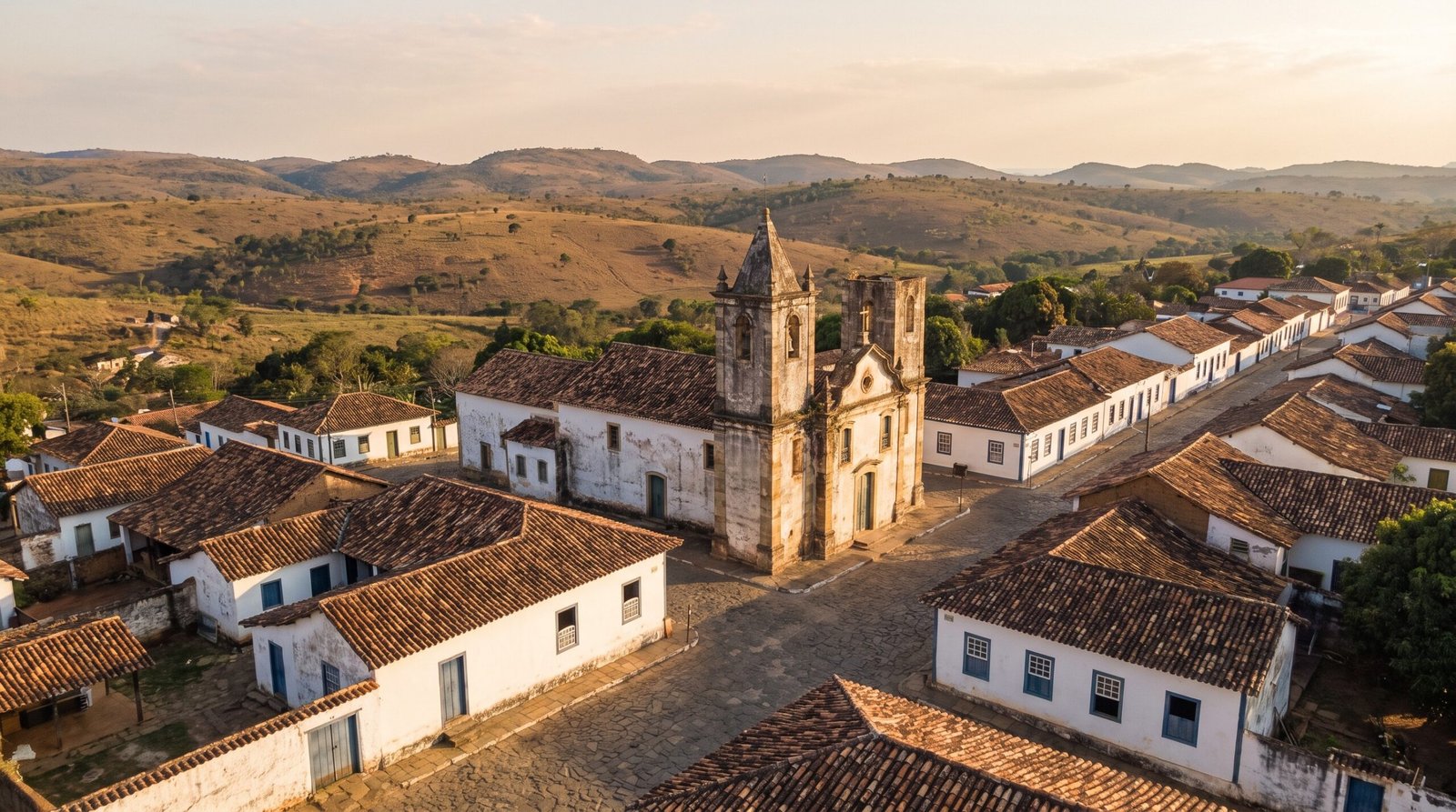 Foto aerea do casario colonial de Pirenopolis de manha cedo com as ruas vazias