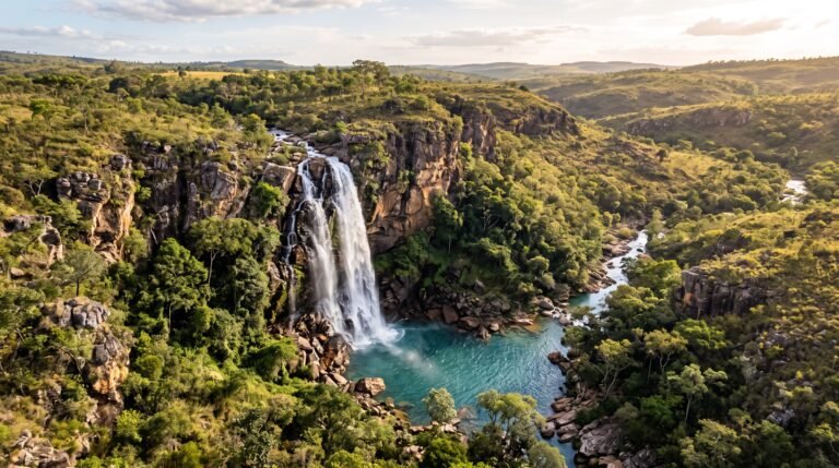 Vista aerea de uma cachoeira alta cercada de cerrado perto de Pirenopolis