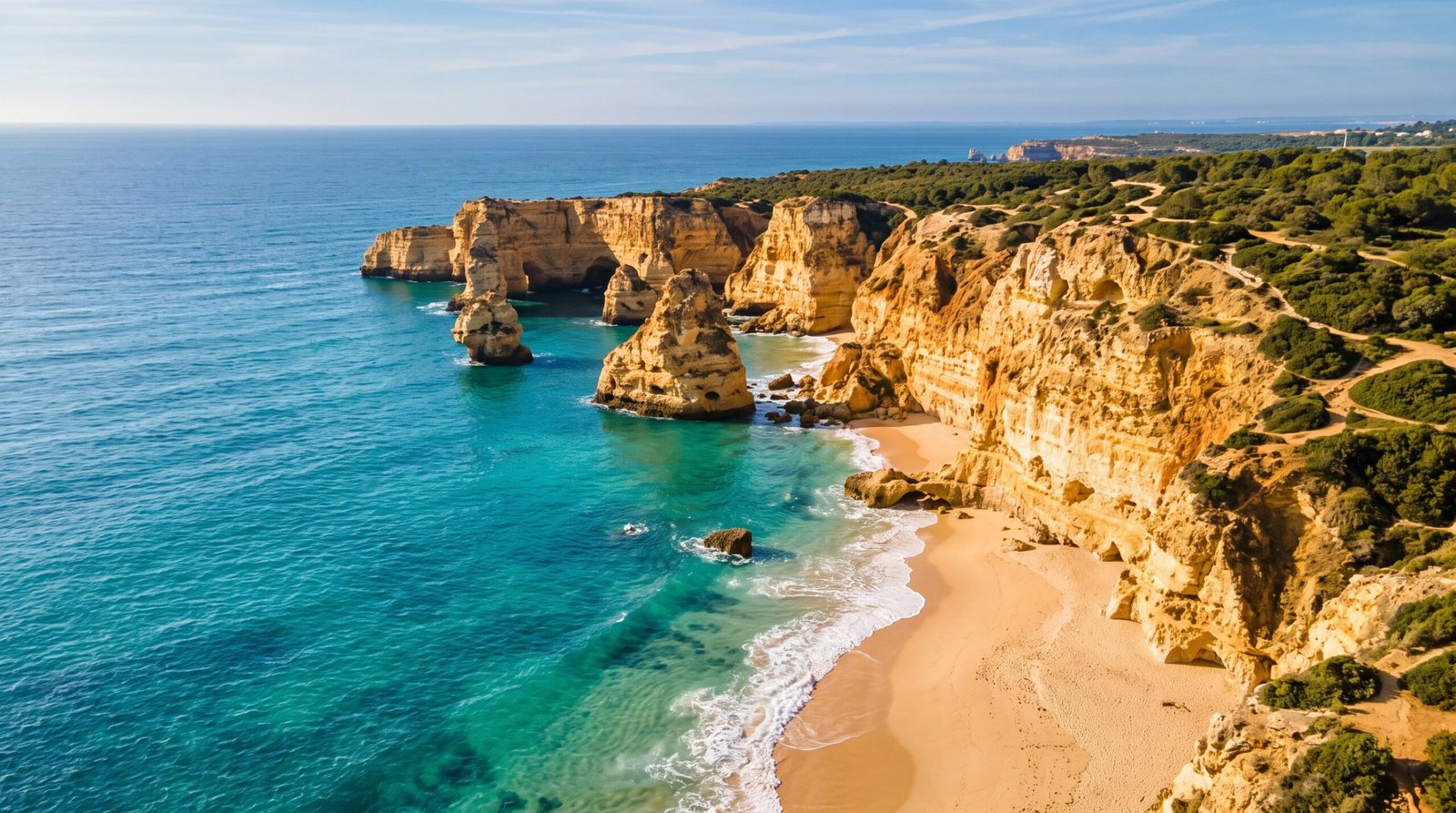 Foto aerea das falesias e da praia vazia do Algarve em Portugal