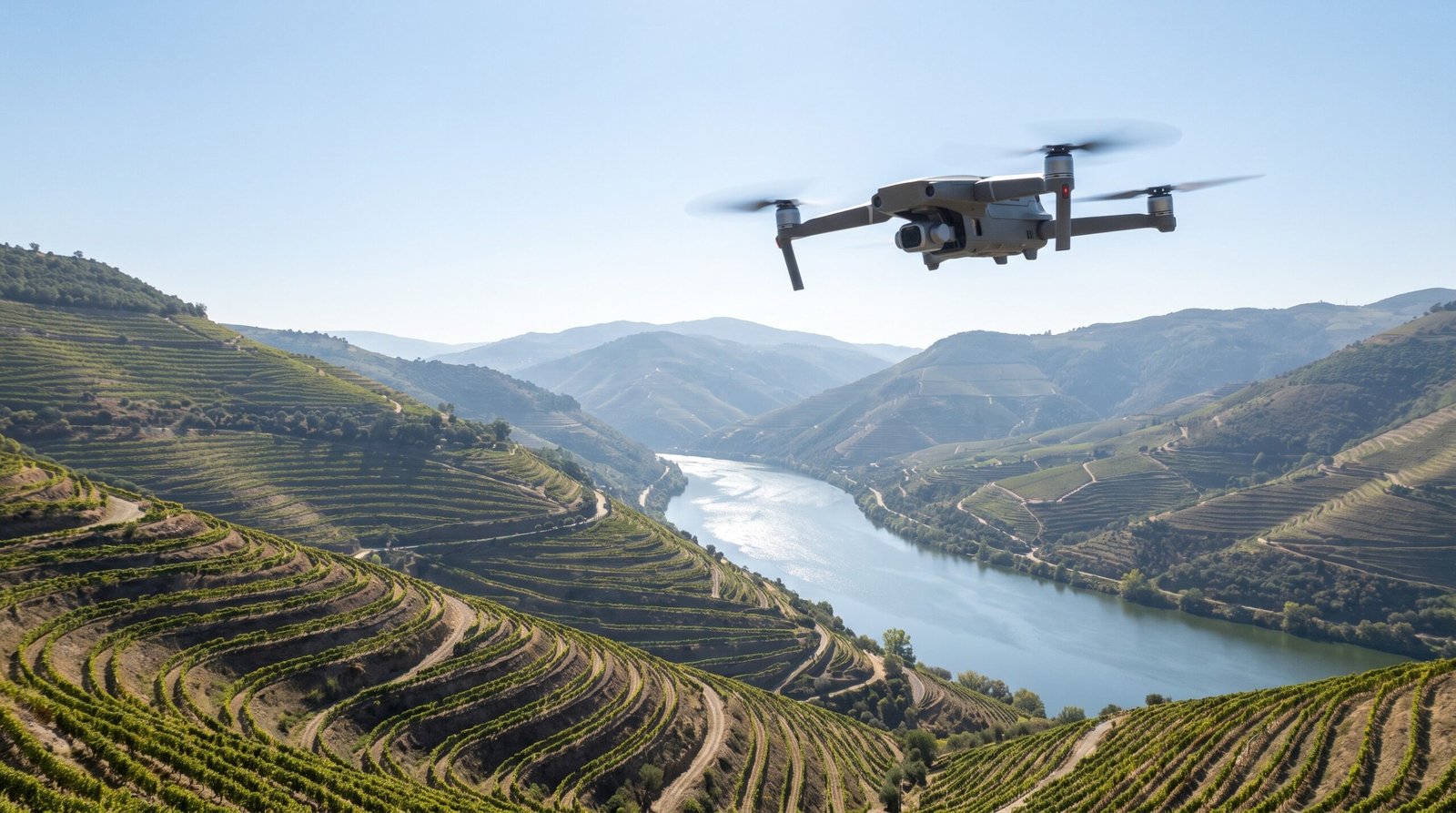 Drone DJI-style voando sobre os vinhedos do Vale do Douro em Portugal