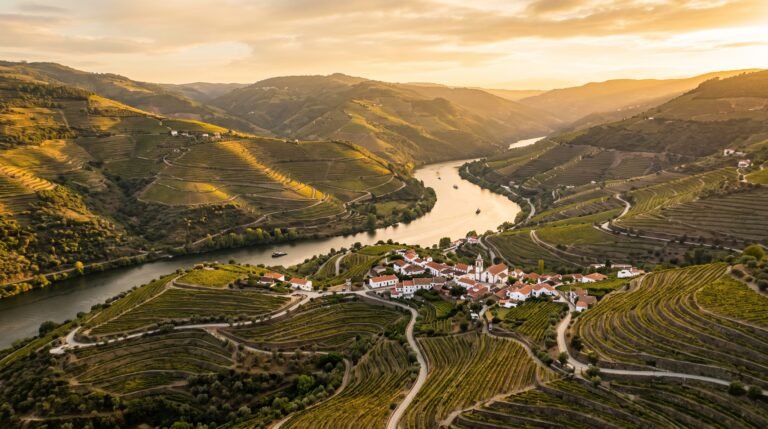 Vista aerea dos vinhedos em socalcos do Vale do Douro em Portugal