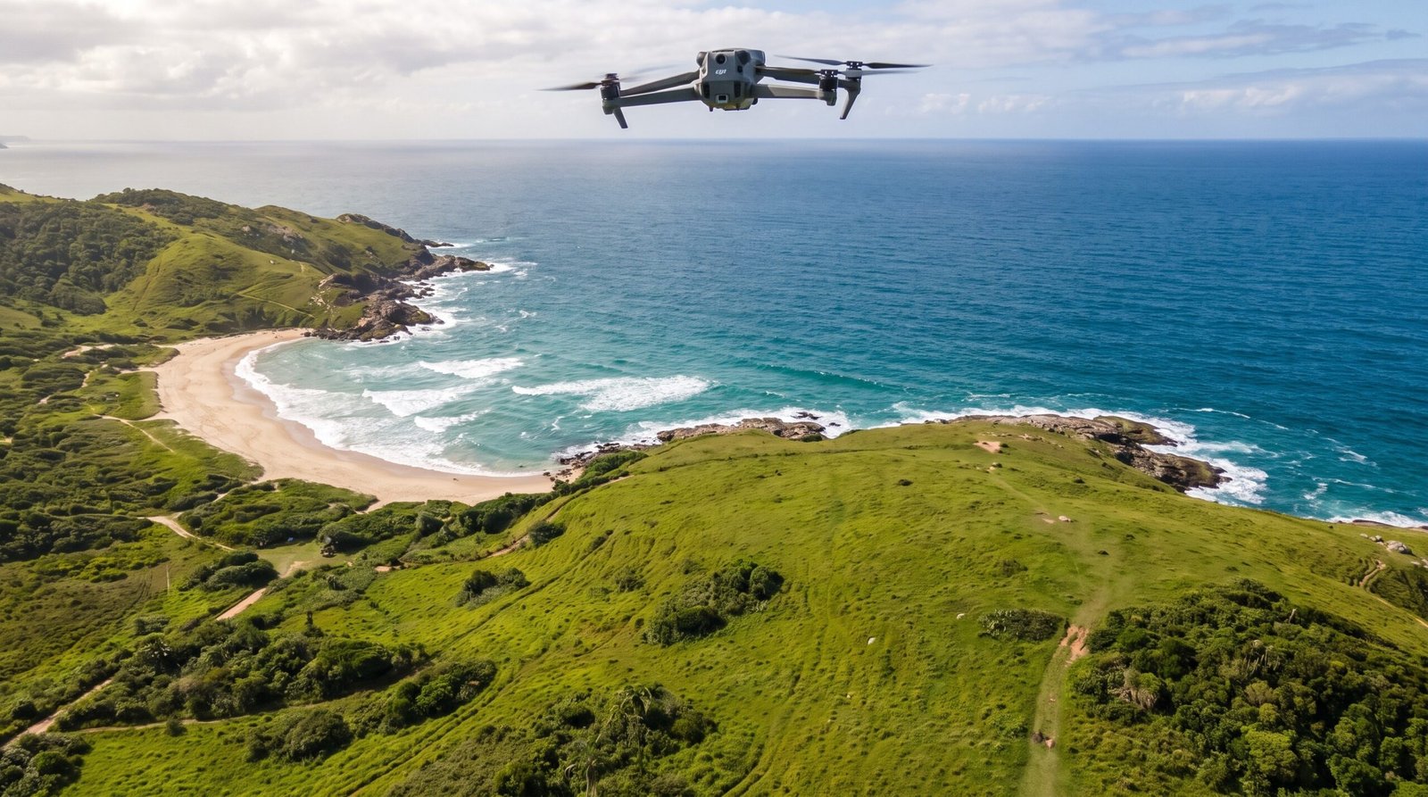 Drone DJI-style voando alto sobre os morros da Praia do Rosa, longe da agua