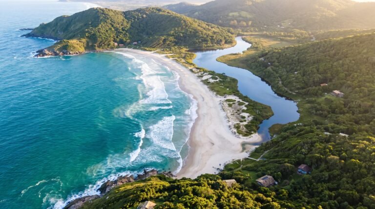 Vista aerea da enseada em meia-lua da Praia do Rosa em Santa Catarina