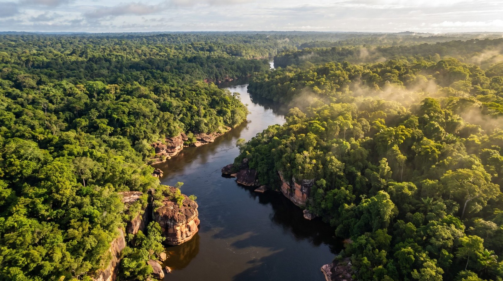 Foto aerea de um rio de aguas escuras cortando a floresta amazonica