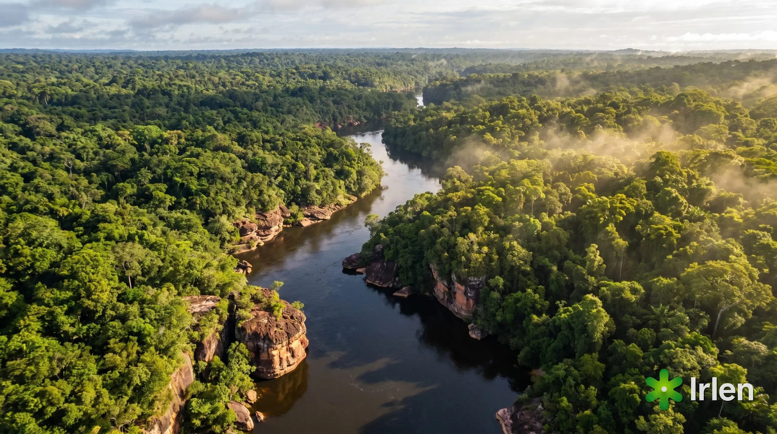 Foto aerea de um rio de aguas escuras cortando a floresta amazonica
