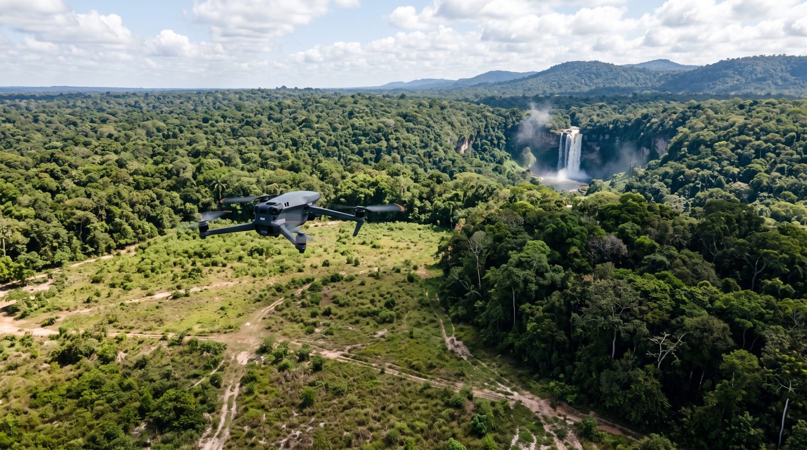 Drone DJI-style voando sobre uma clareira ao lado da floresta amazonica