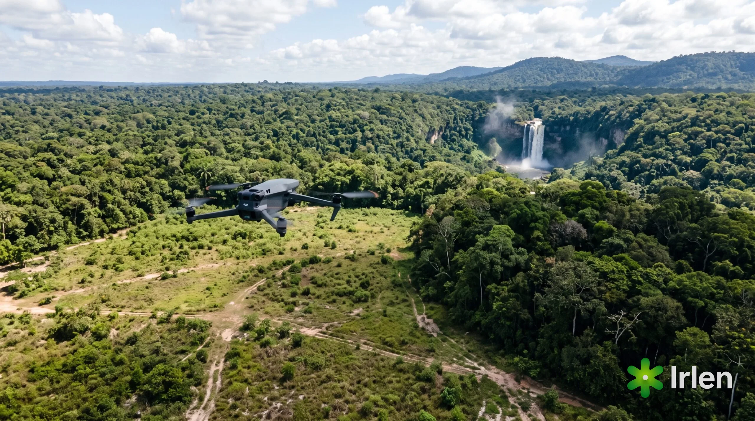 Drone DJI-style voando sobre uma clareira ao lado da floresta amazonica