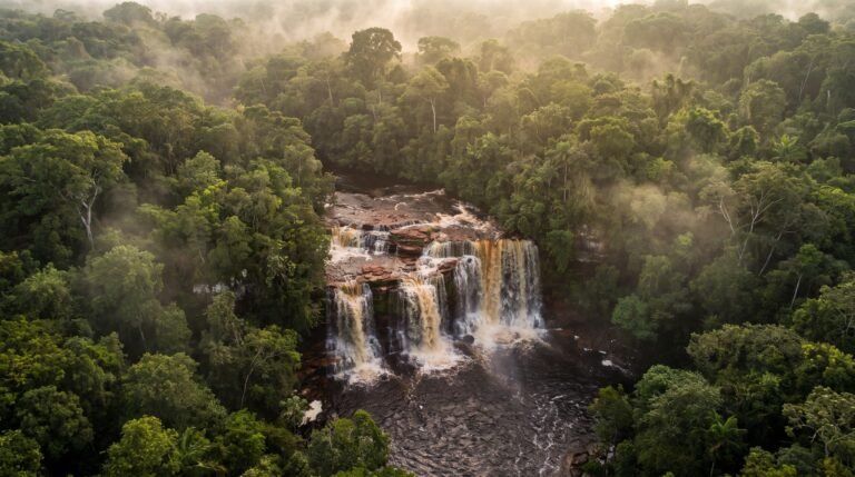 Vista aerea de uma cachoeira larga na floresta amazonica em Presidente Figueiredo