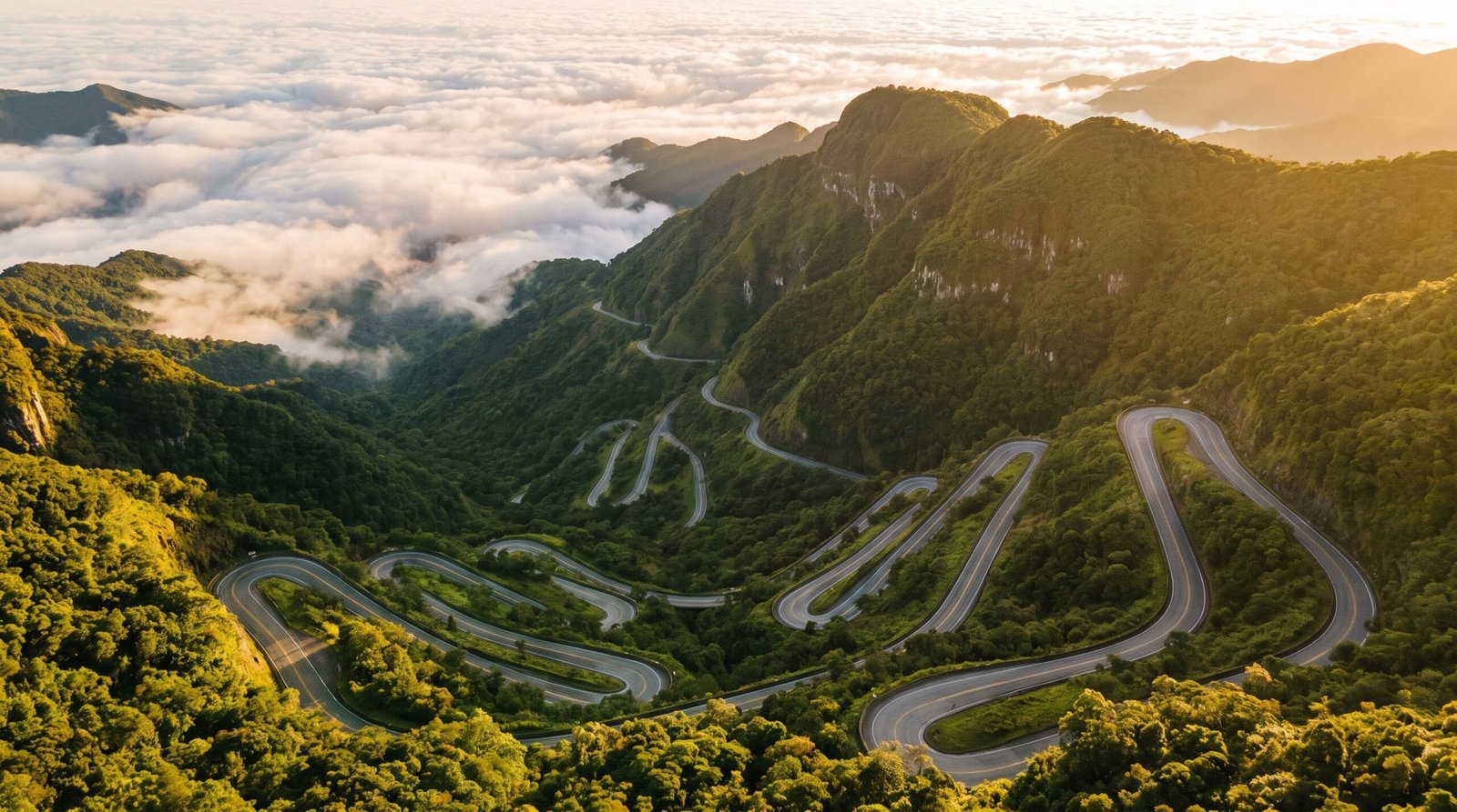 Foto aerea das curvas da Serra do Rio do Rastro subindo o paredao ao entardecer