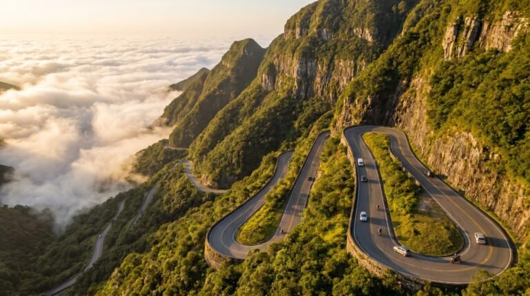 Vista aerea das curvas da Serra do Rio do Rastro subindo o paredao ao entardecer