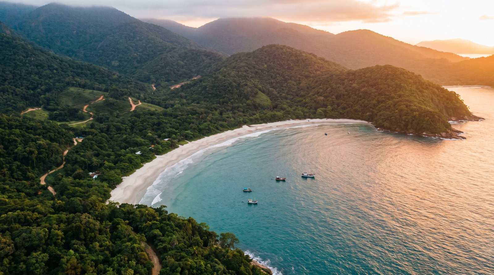 Foto aerea de uma praia tranquila de Ubatuba com a mata e o mar ao entardecer
