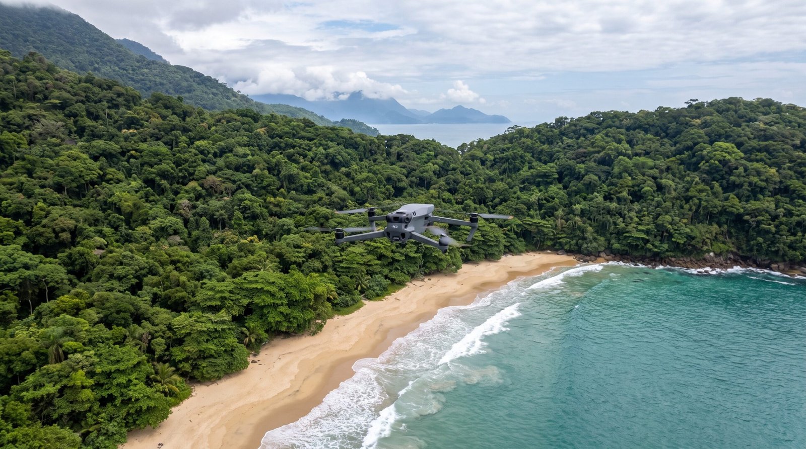 Drone DJI-style voando sobre uma praia ao norte de Ubatuba, longe do aeroporto