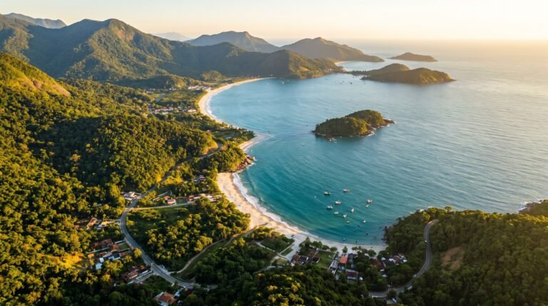 Vista aerea do litoral de Ubatuba com a Serra do Mar e as praias ao entardecer