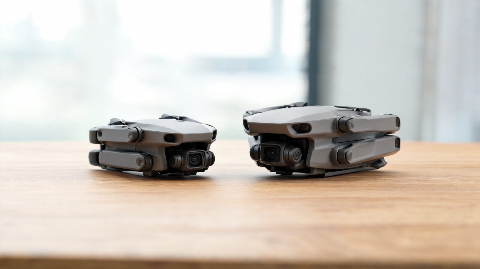 Dois drones dobráveis cinza lado a lado em bancada de estúdio de review