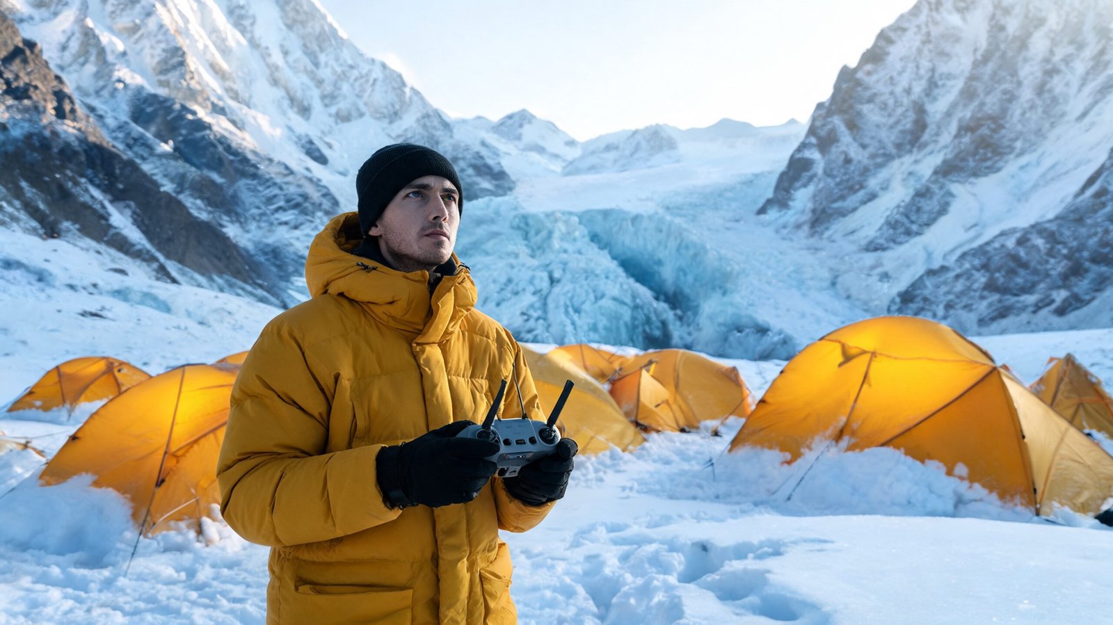 Piloto de drone com casaco de expedição opera o controle no acampamento base nevado