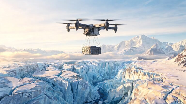 Drone de carga sobrevoa a geleira do Khumbu com caixa de suprimentos suspensa por cabos