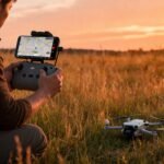Piloto agachado com o mini drone DJI pousado na grama em escala realista, controle correto e tela mostrando busca de GPS
