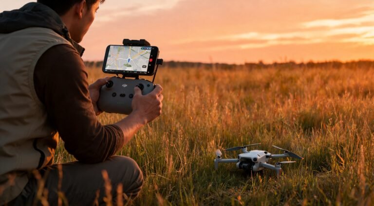 Piloto agachado com o mini drone DJI pousado na grama em escala realista, controle correto e tela mostrando busca de GPS