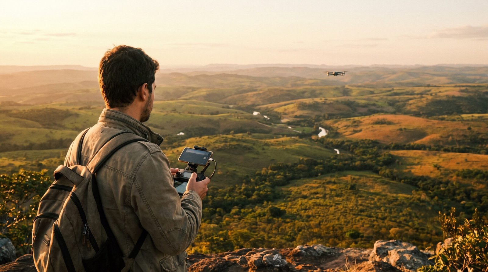 Piloto de drone com controle nas mãos observando o cerrado da Serra da Canastra ao entardecer