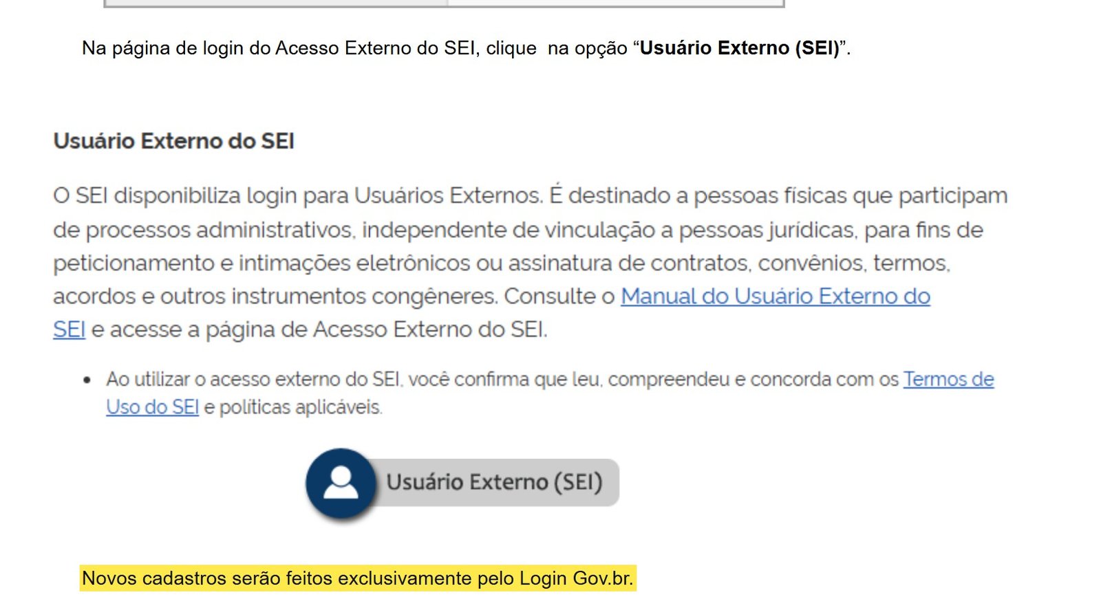 Manual do usuário externo do SEI da Anatel com o trecho destacado: novos cadastros serão feitos exclusivamente pelo login gov.br