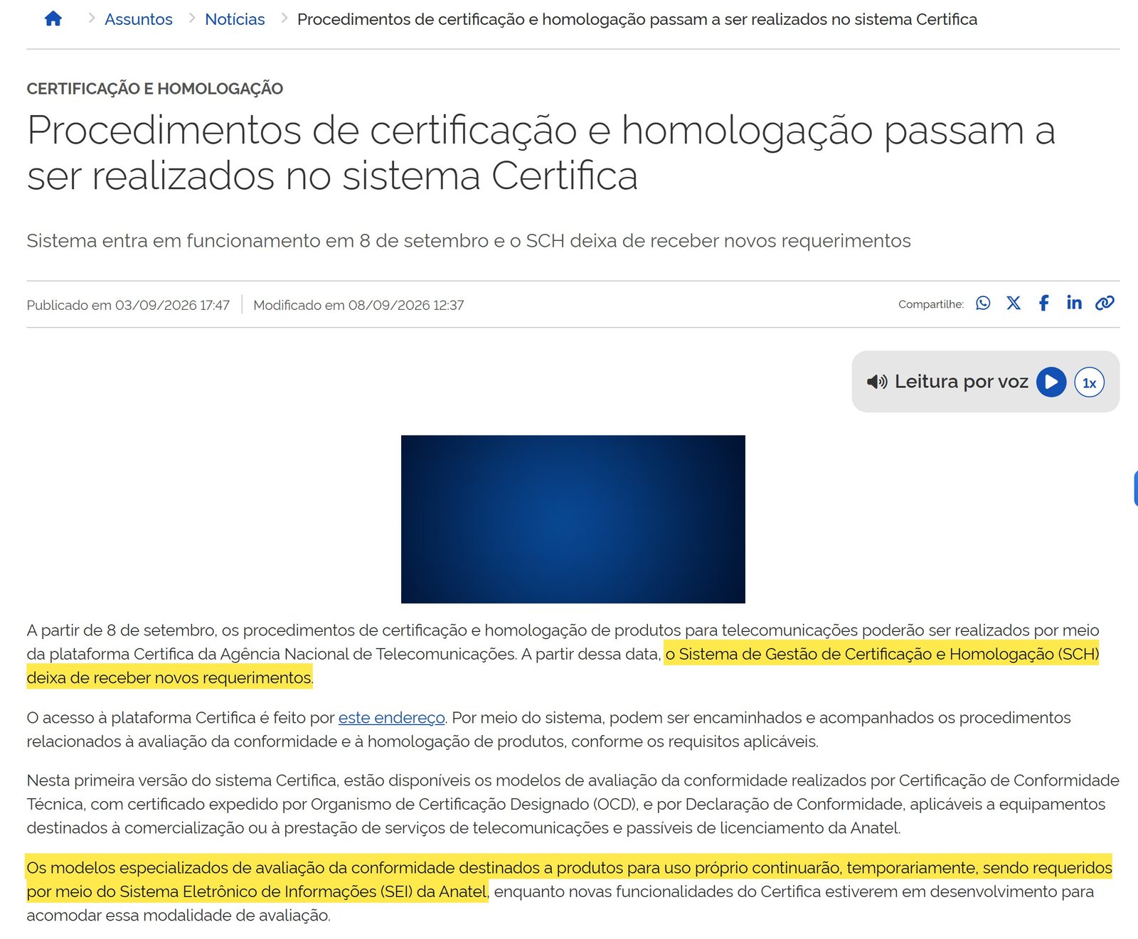 Notícia da Anatel de 3 de setembro de 2026: o SCH deixa de receber novos requerimentos e os pedidos de uso próprio continuam, temporariamente, no SEI