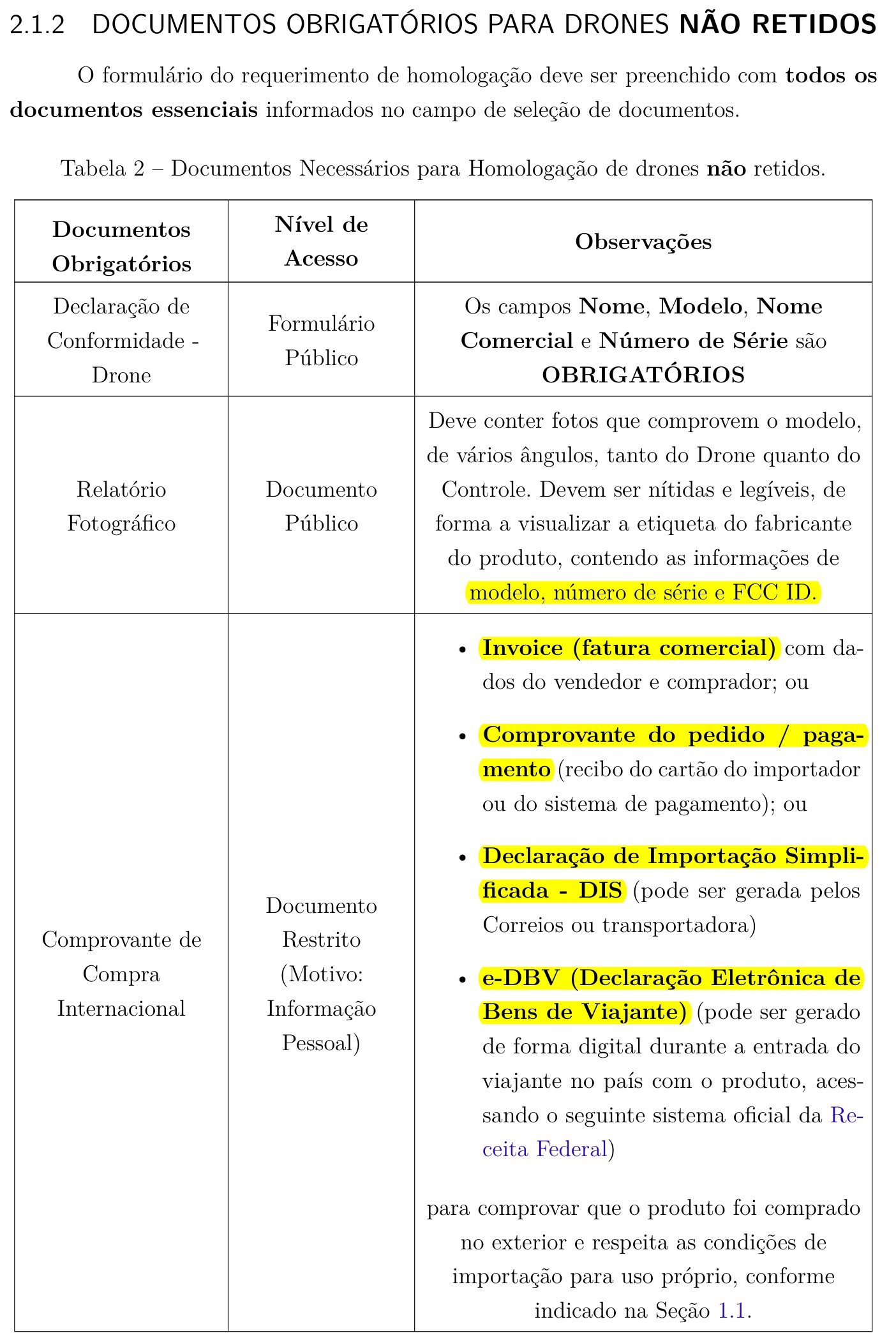 Tabela 2 do manual da Anatel com os documentos para homologar drone não retido: fotos com modelo, série e FCC ID e comprovante de compra internacional (invoice, pagamento, DIS ou e-DBV)