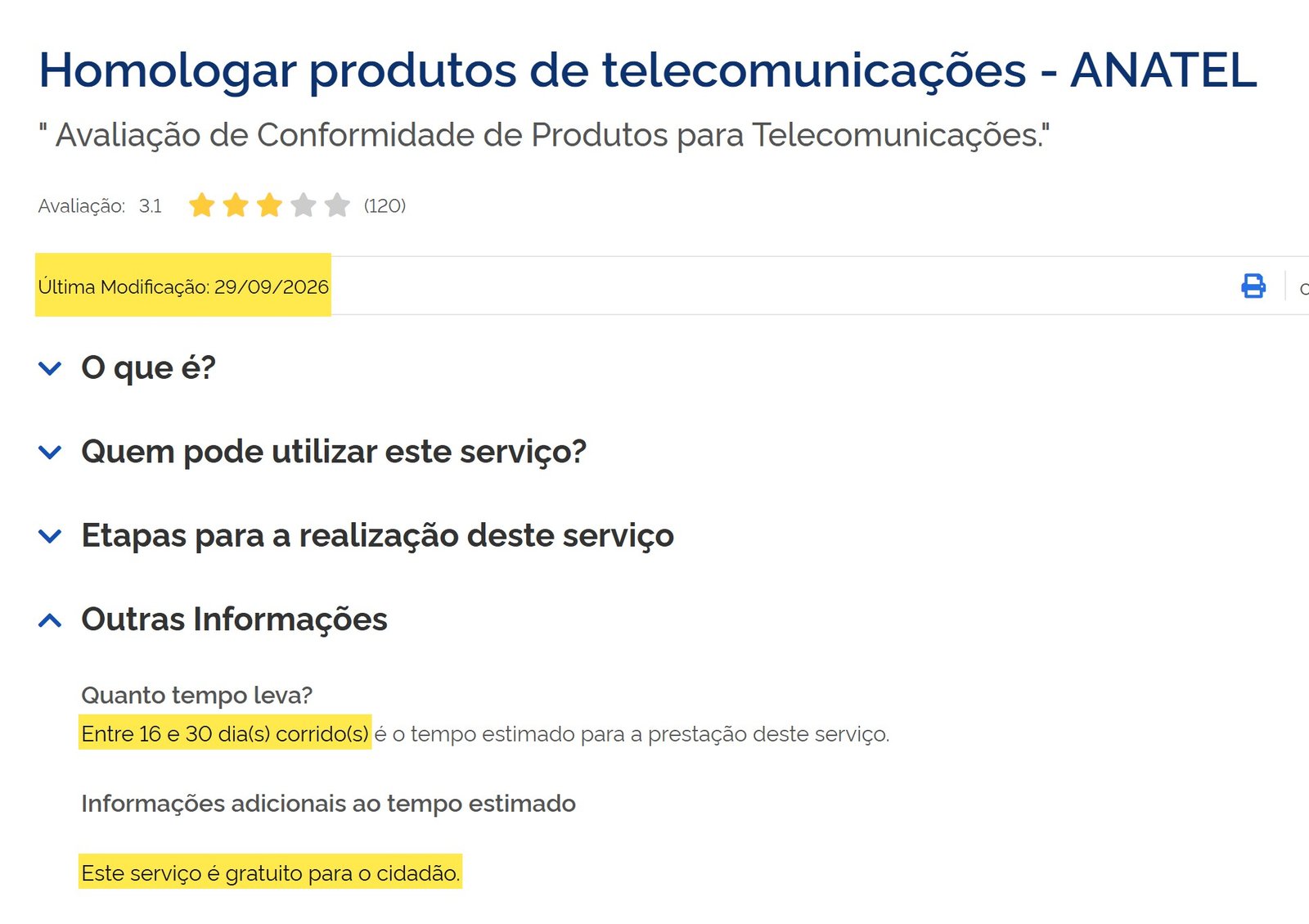 Página do gov.br Homologar produtos de telecomunicações, com última modificação em 29/09/2026, prazo estimado de 16 a 30 dias corridos e serviço gratuito para o cidadão