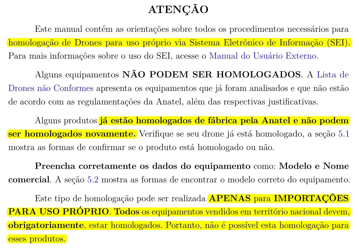 Abertura do manual da Anatel de homologação de drones para uso próprio, versão 3.0.4, com destaque para o pedido pelo SEI e o aviso de que o caminho só vale para importação de uso próprio