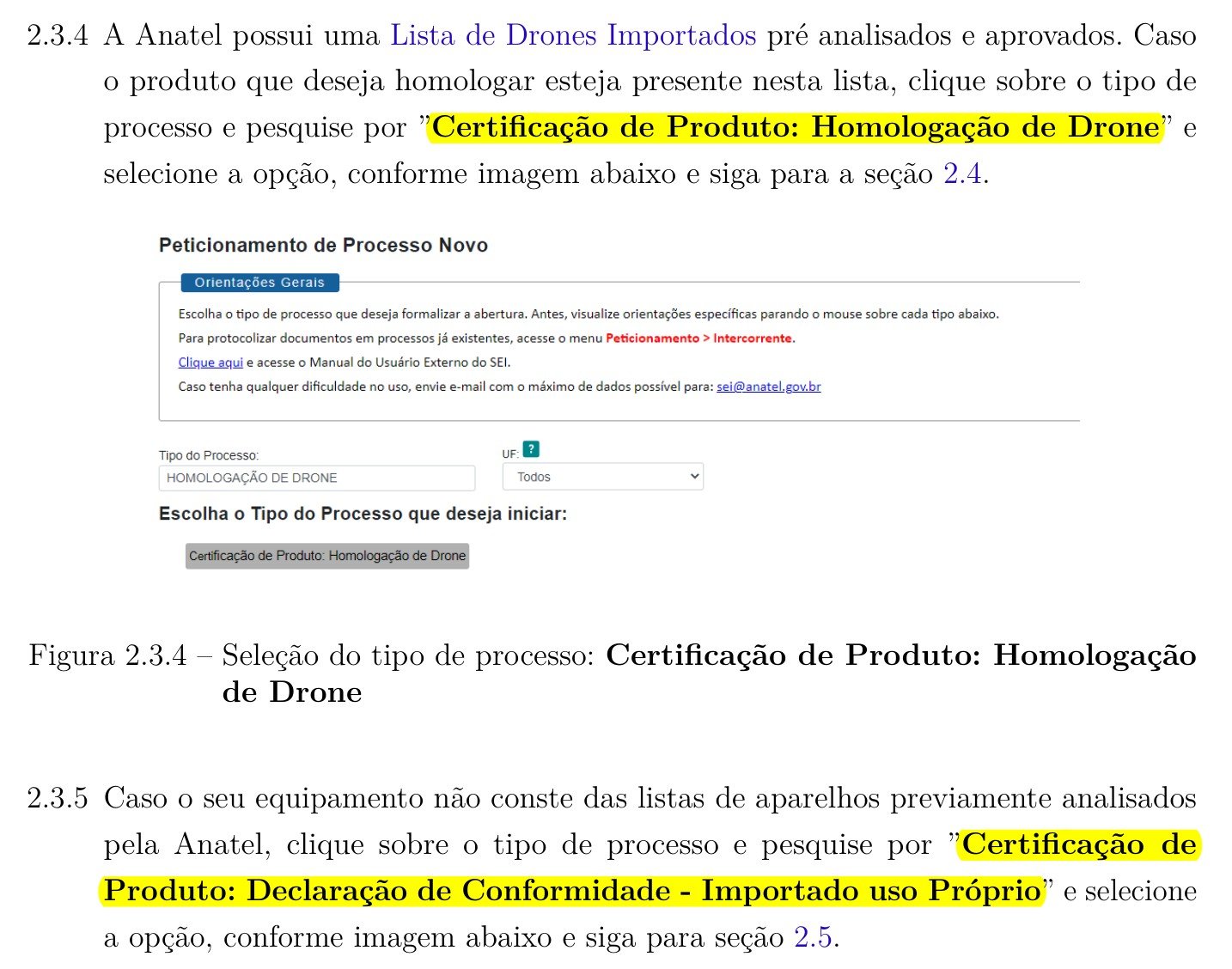 Tela de peticionamento de processo novo no SEI da Anatel e os dois tipos de processo para drone de uso próprio, destacados no manual 3.0.4