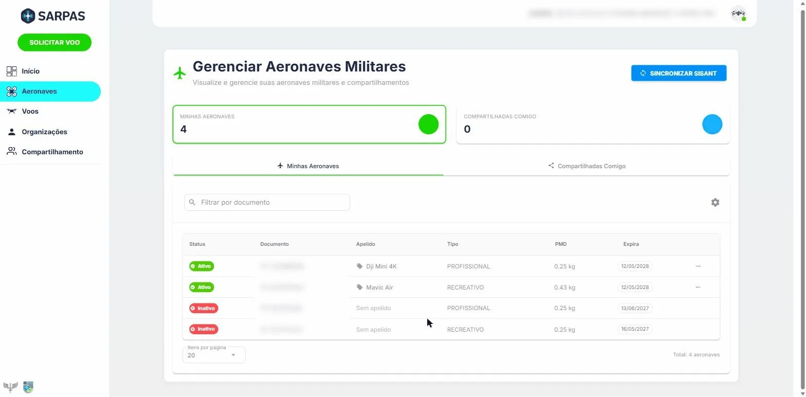 Tela Gerenciar Aeronaves do SARPAS NG com o botão Sincronização SISANT
