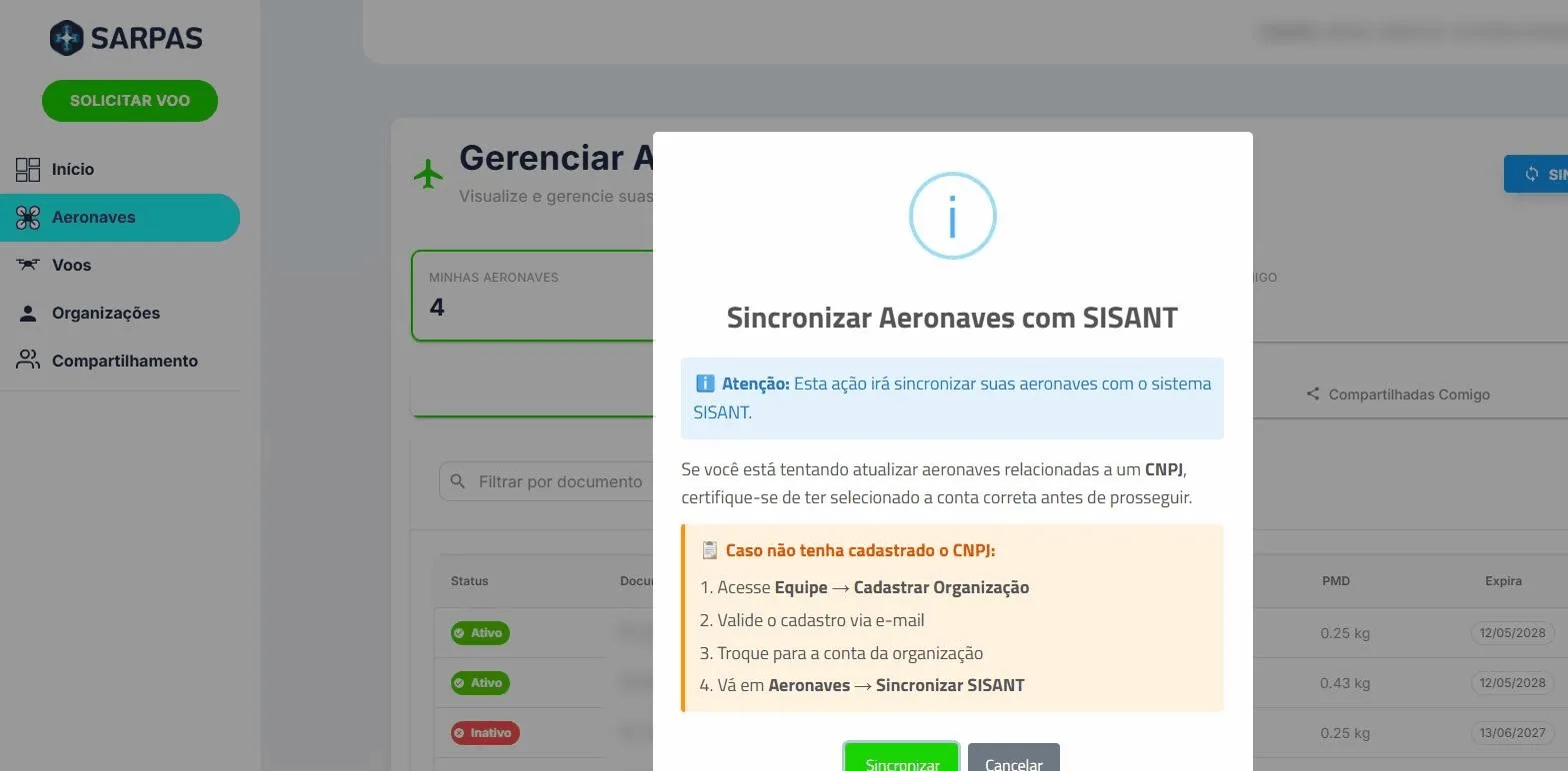 Modal de sincronização SISANT do SARPAS NG listando as aeronaves importadas da ANAC