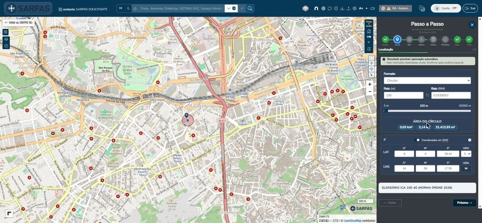 Etapa 2 Localização do assistente SARPAS com área circular desenhada no mapa e cálculo automático da área