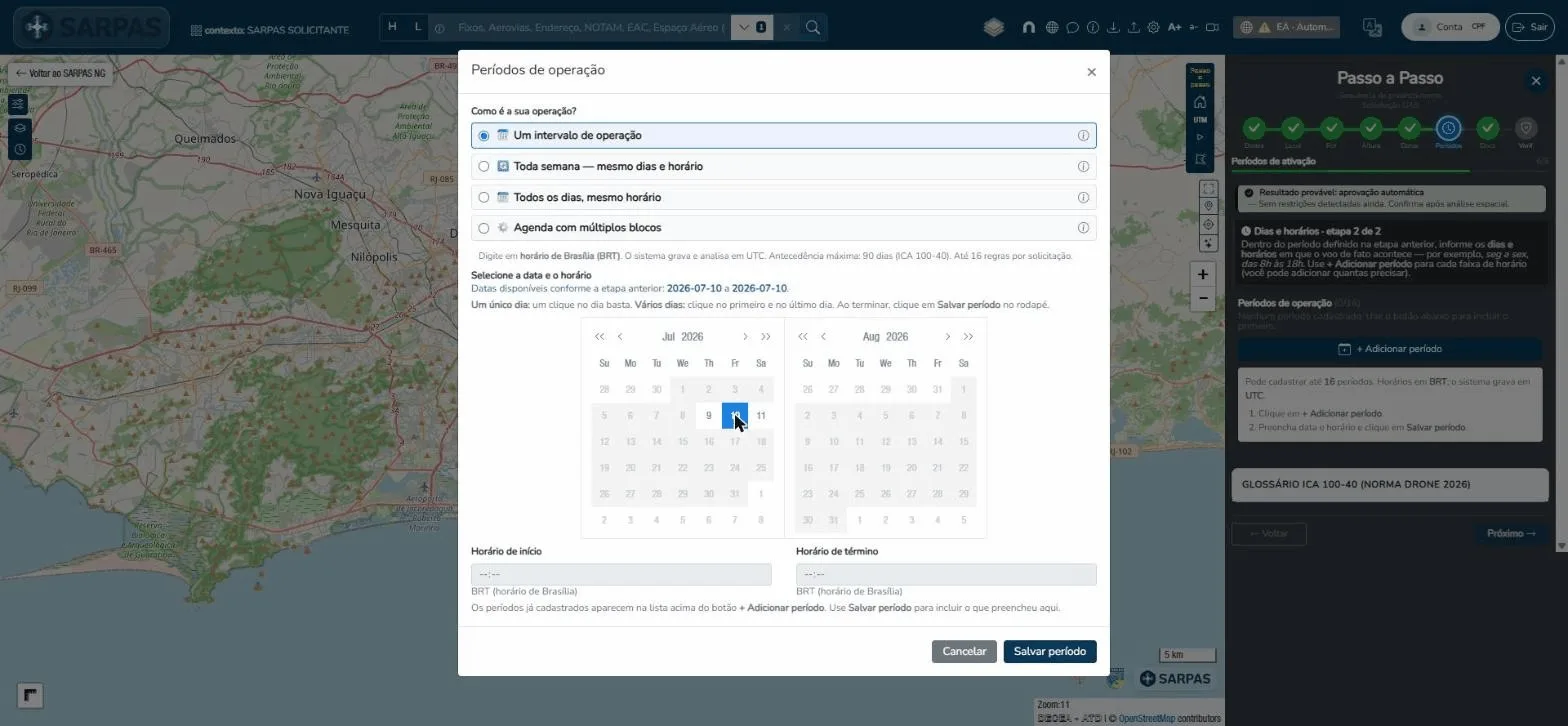 Modal Períodos de operação do SARPAS com calendário e opções de agenda