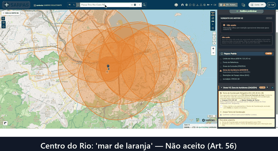 Animação comparando a mesma solicitação no SARPAS recusada no centro do Rio e aprovada automaticamente em zona rural