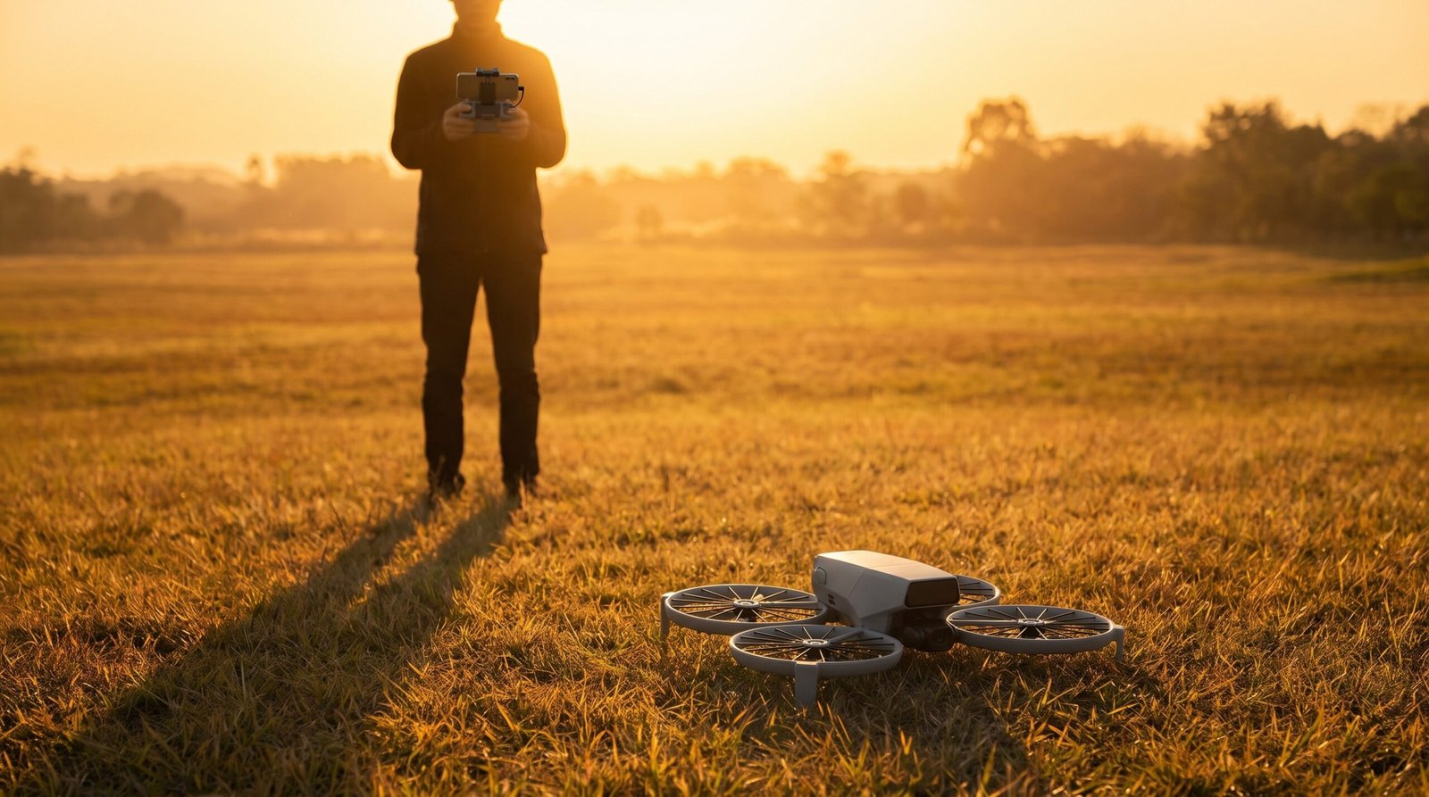 Piloto no campo com o controle nas mãos e o drone pousado na grama ao entardecer