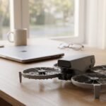 Drone dobrado sobre a mesa ao lado de um notebook fechado e óculos de leitura
