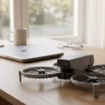 Drone dobrado sobre a mesa ao lado de um notebook fechado e óculos de leitura