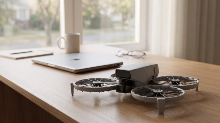 Drone dobrado sobre a mesa ao lado de um notebook fechado e óculos de leitura
