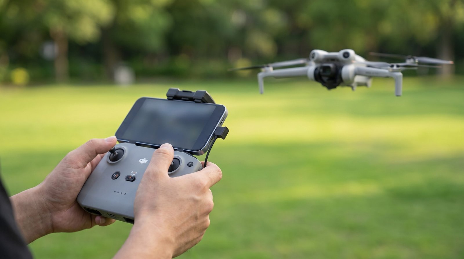 Mãos segurando o controle do drone com o celular encaixado no suporte superior