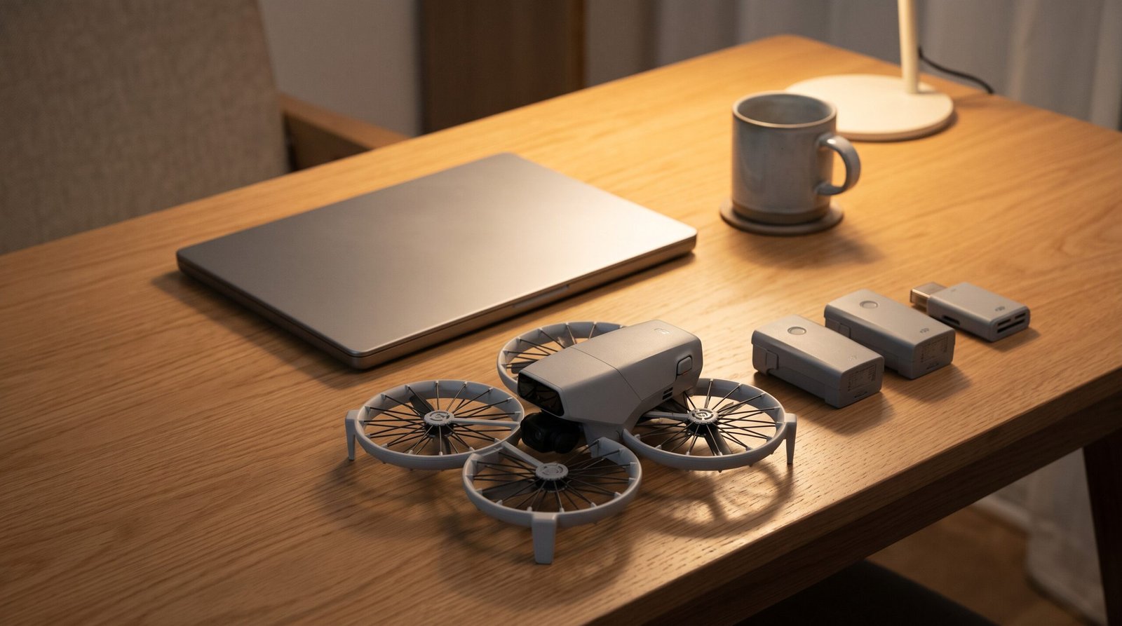 Mesa com notebook, drone dobrado e baterias na etapa de organização pós-voo