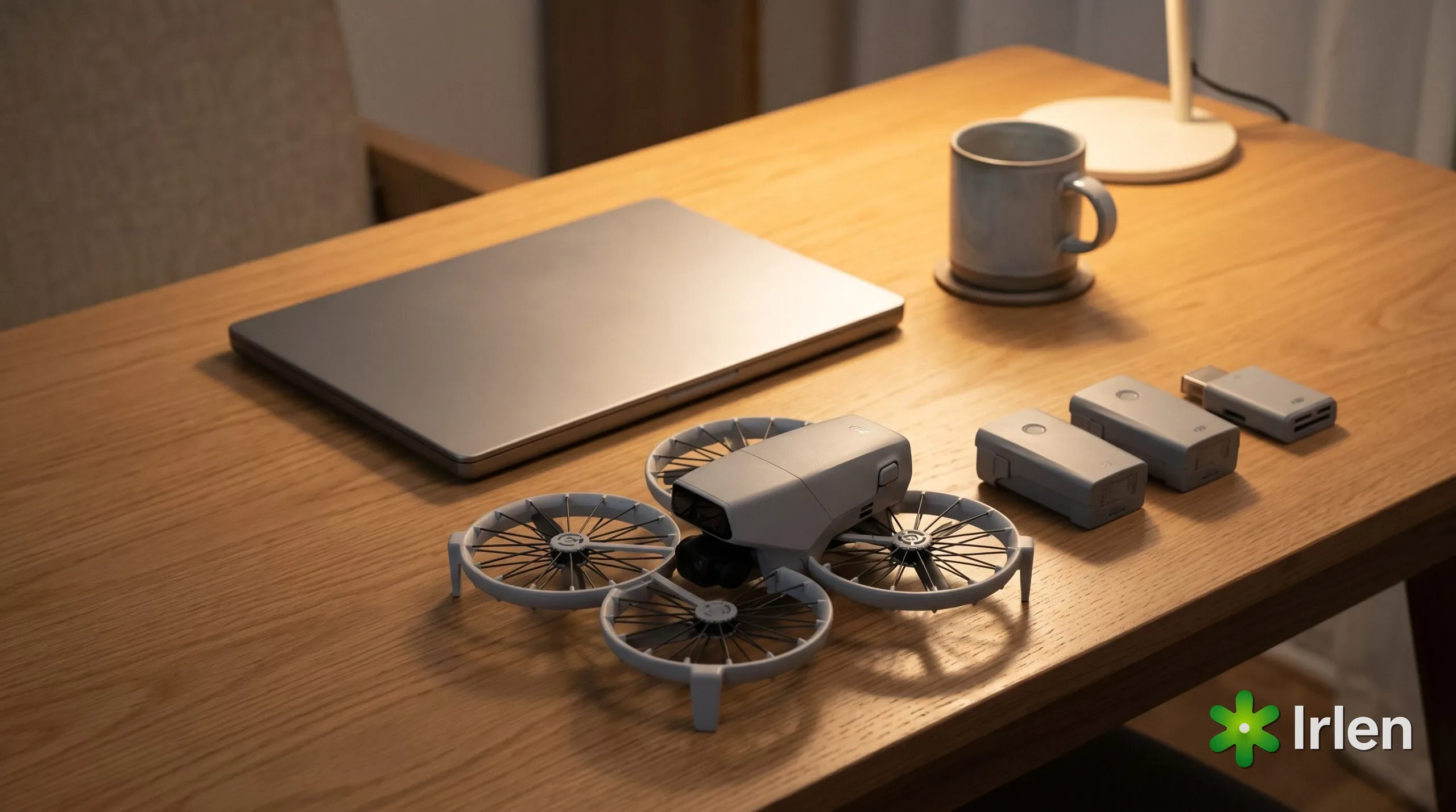 Mesa com notebook, drone dobrado e baterias na etapa de organização pós-voo