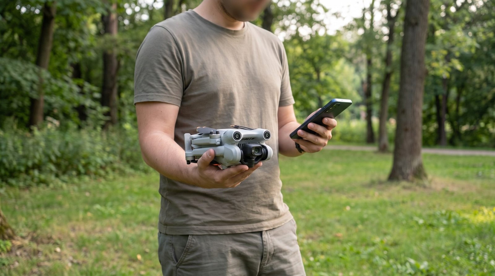 Piloto com o celular numa mão e o drone dobrado na outra, preparando o pedido de voo