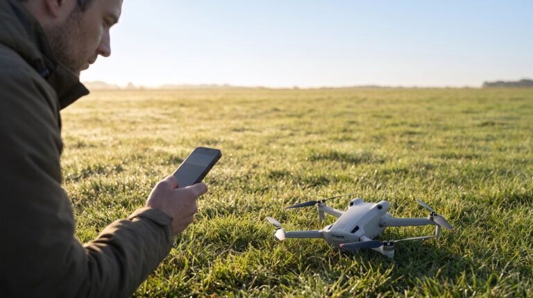 Piloto confere o celular ao amanhecer com o drone pousado na grama, pronto para decolar