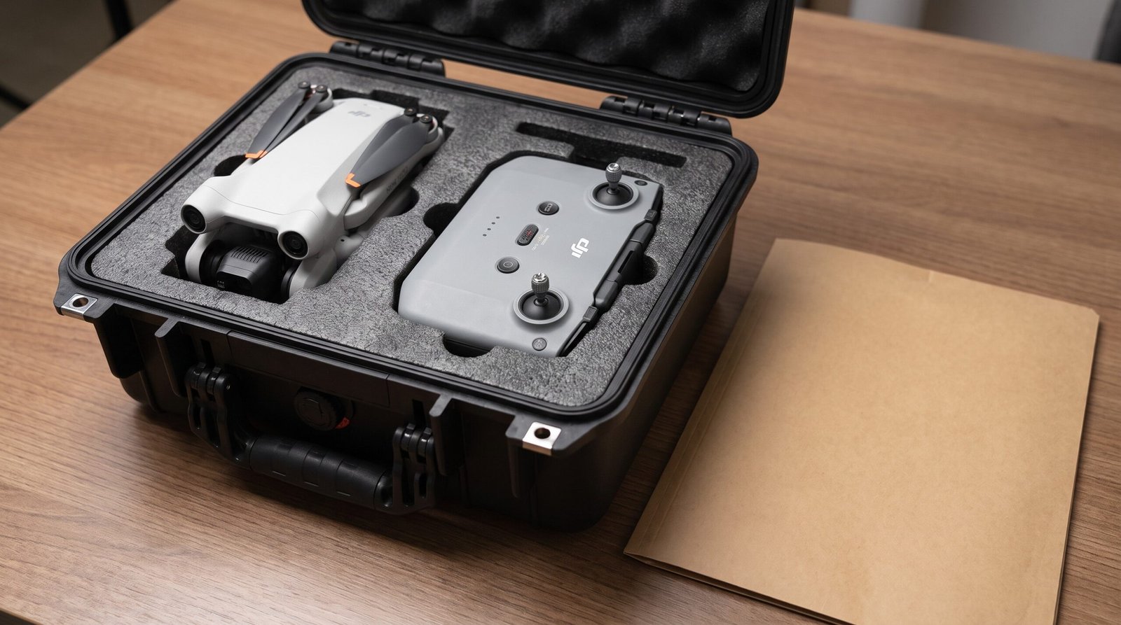 Drone e controle guardados em case ao lado de uma pasta de documentos