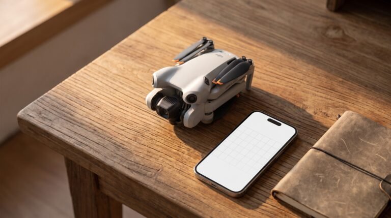 Drone dobrado sobre a mesa ao lado de um celular com calendario